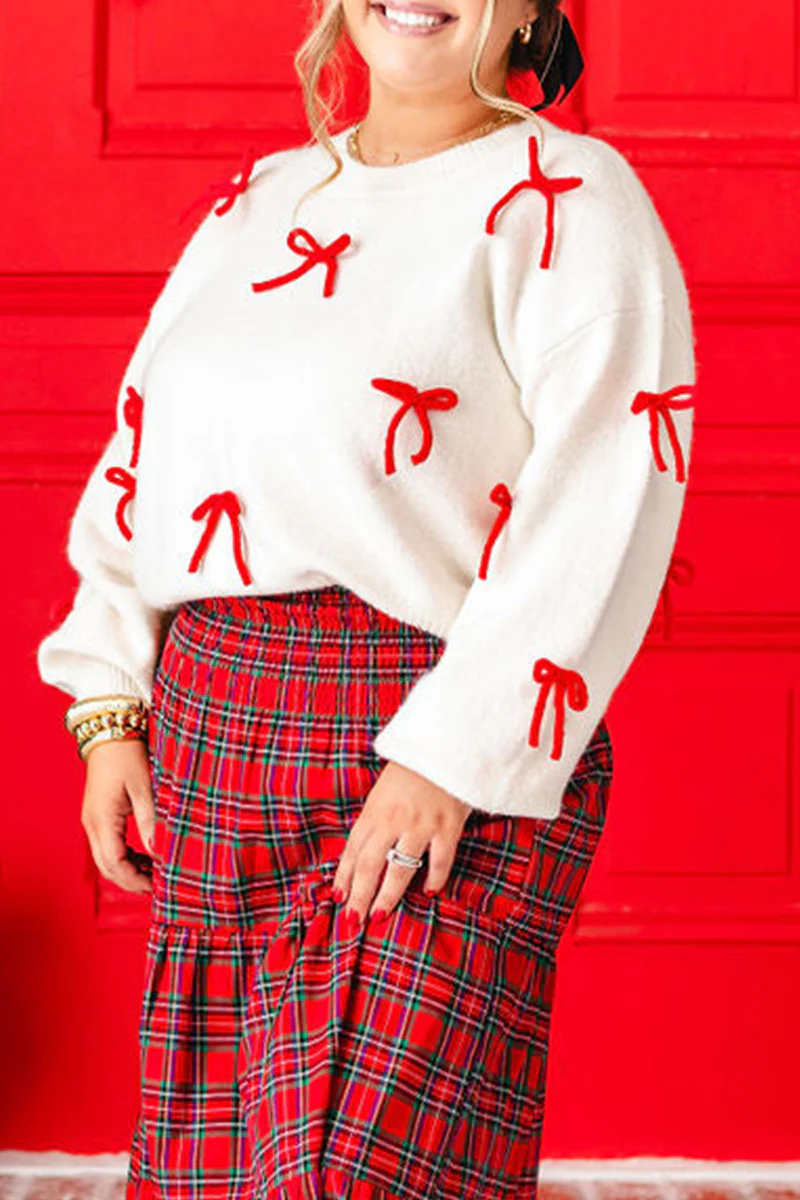 Casual Party Bow Patchwork Contrast O Neck Sweaters - Kaedas