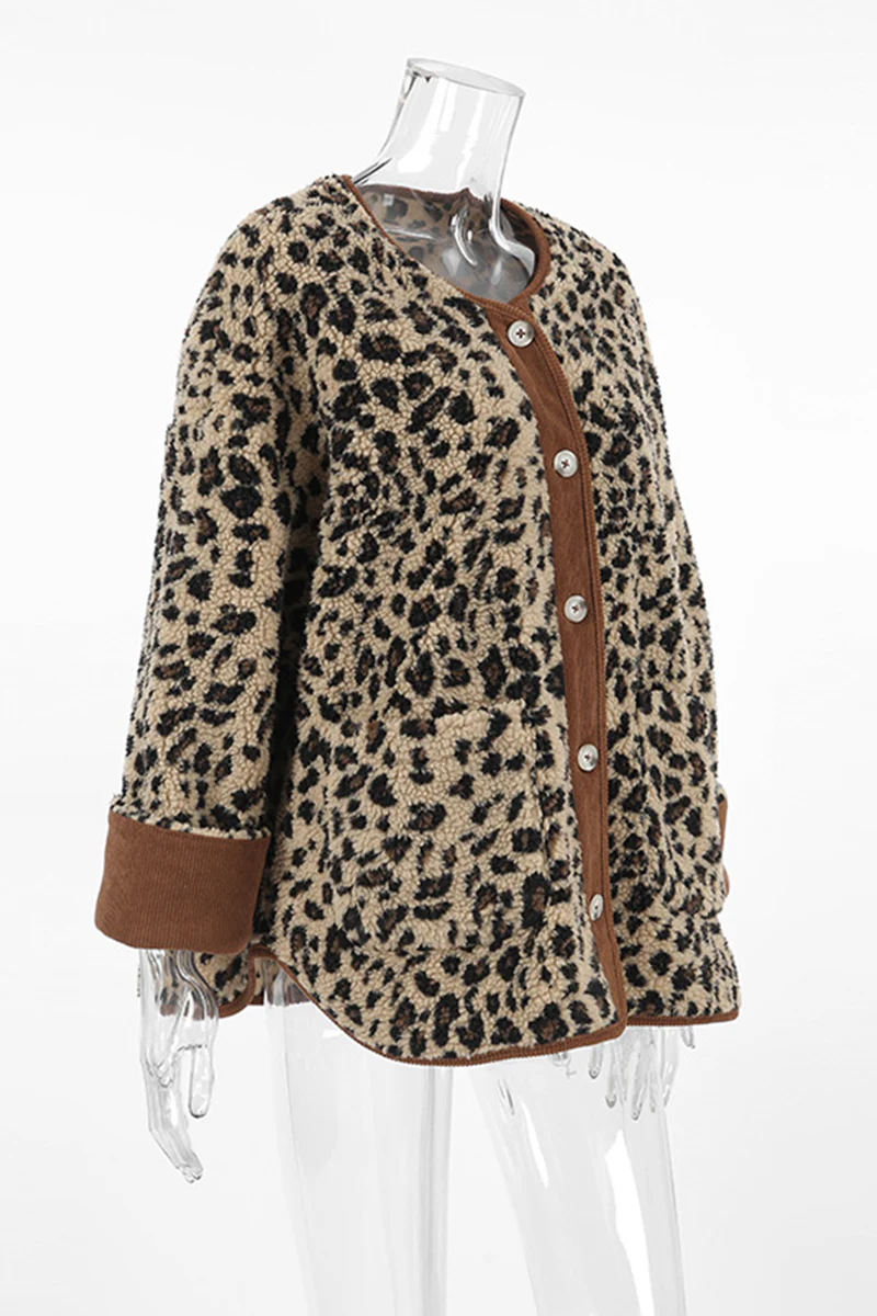 Casual Leopard Pocket Buttons Patchwork O Neck Outerwear - Kaedas