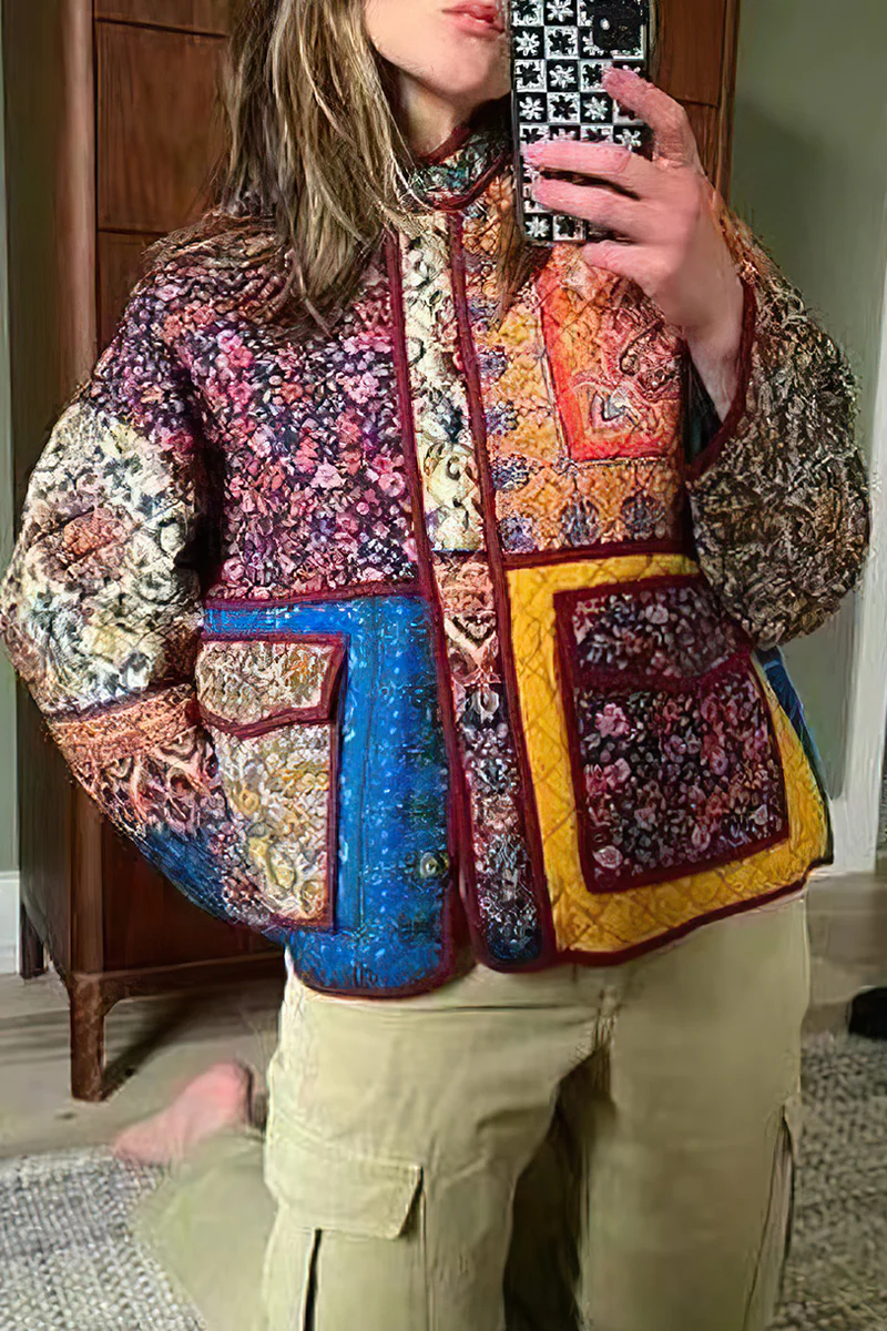 Casual Flowers Pocket Patchwork Contrast Mandarin Collar Outerwear - Kaedas