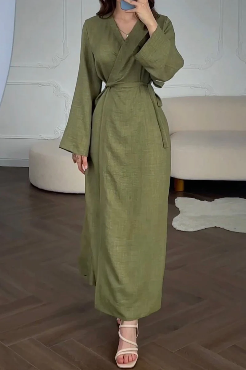 Casual Daily Solid Color Lace Up V Neck A Line Dresses - Kaedas