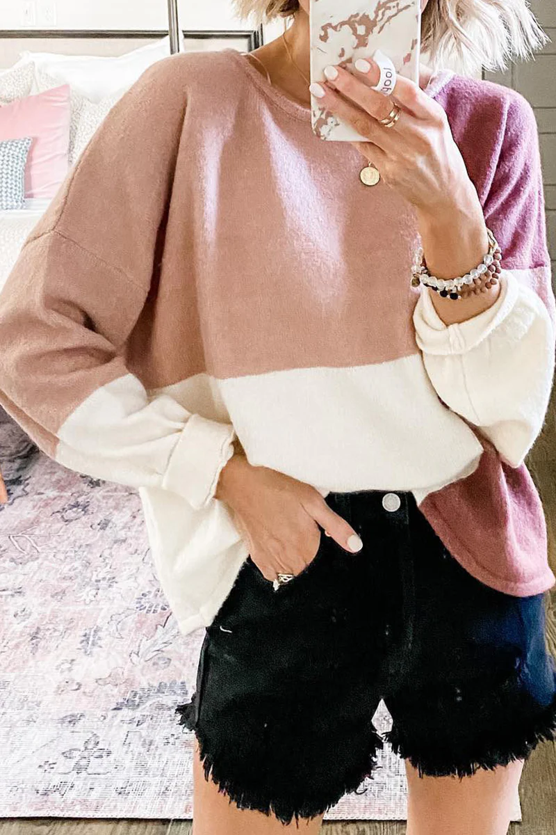 Casual Patchwork  Contrast O Neck Tops Sweater - Kaedas