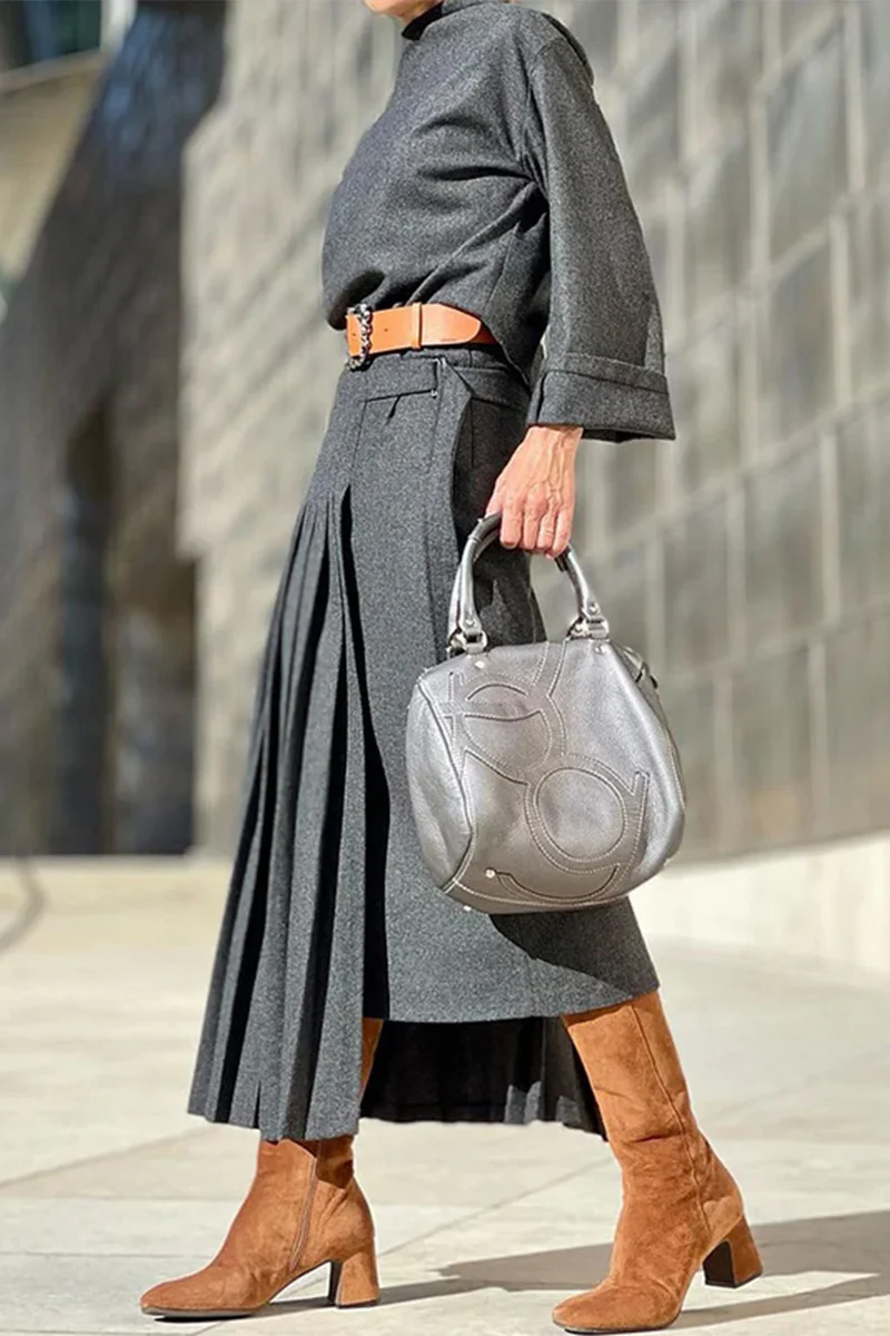 Casual British Style Leopard Fold Without Belt O Neck Waist Skirt Dresses(No Belt) - Kaedas