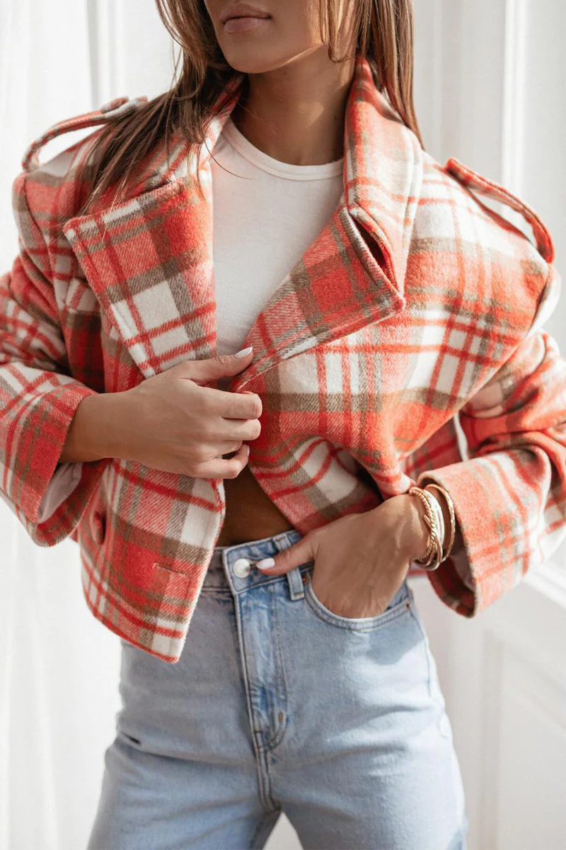 Casual Plaid Buttons Contrast Turn-back Collar Outerwear(3 Colors) - Kaedas