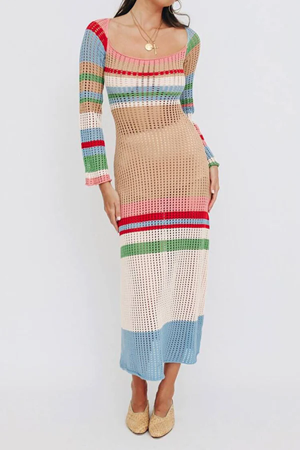 Casual Elegant Patchwork Hollowed Out Contrast U Neck Dresses - Kaedas