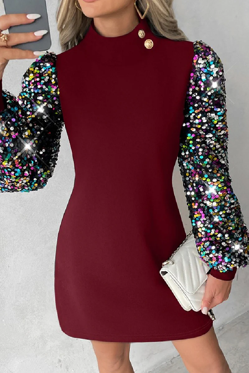 Casual Patchwork Hollowed Out Sequins Half A Turtleneck Long Sleeve Dresses - Kaedas