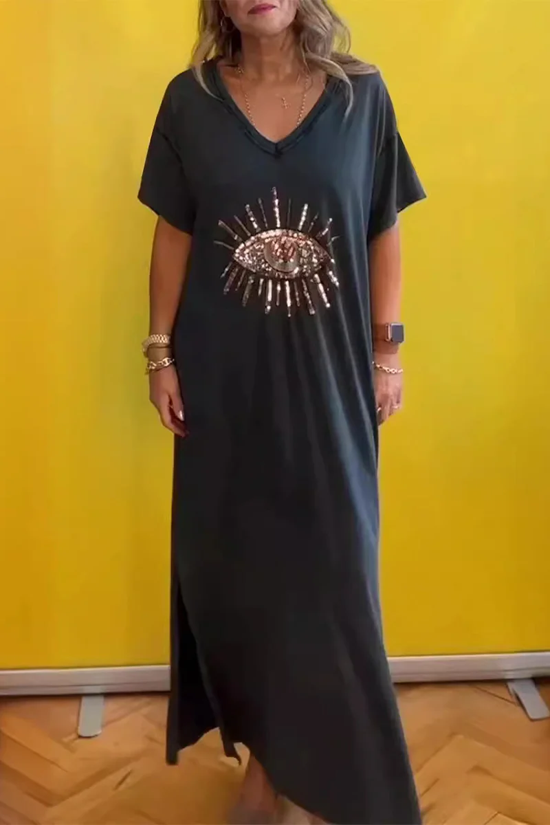 Casual Eyes Print V Neck Short Sleeve Short Sleeve Dress - Kaedas