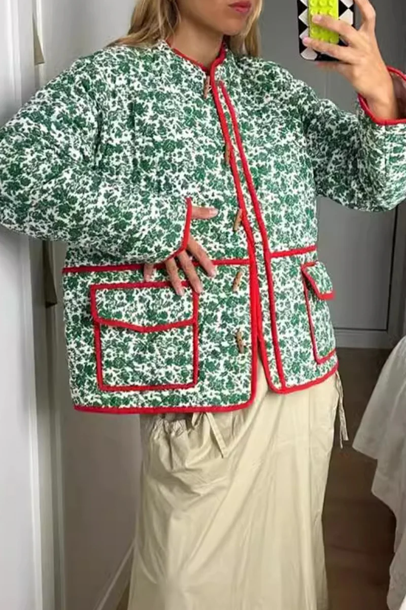 Casual Flowers Print Pocket Patchwork Contrast O Neck Outerwear - Kaedas