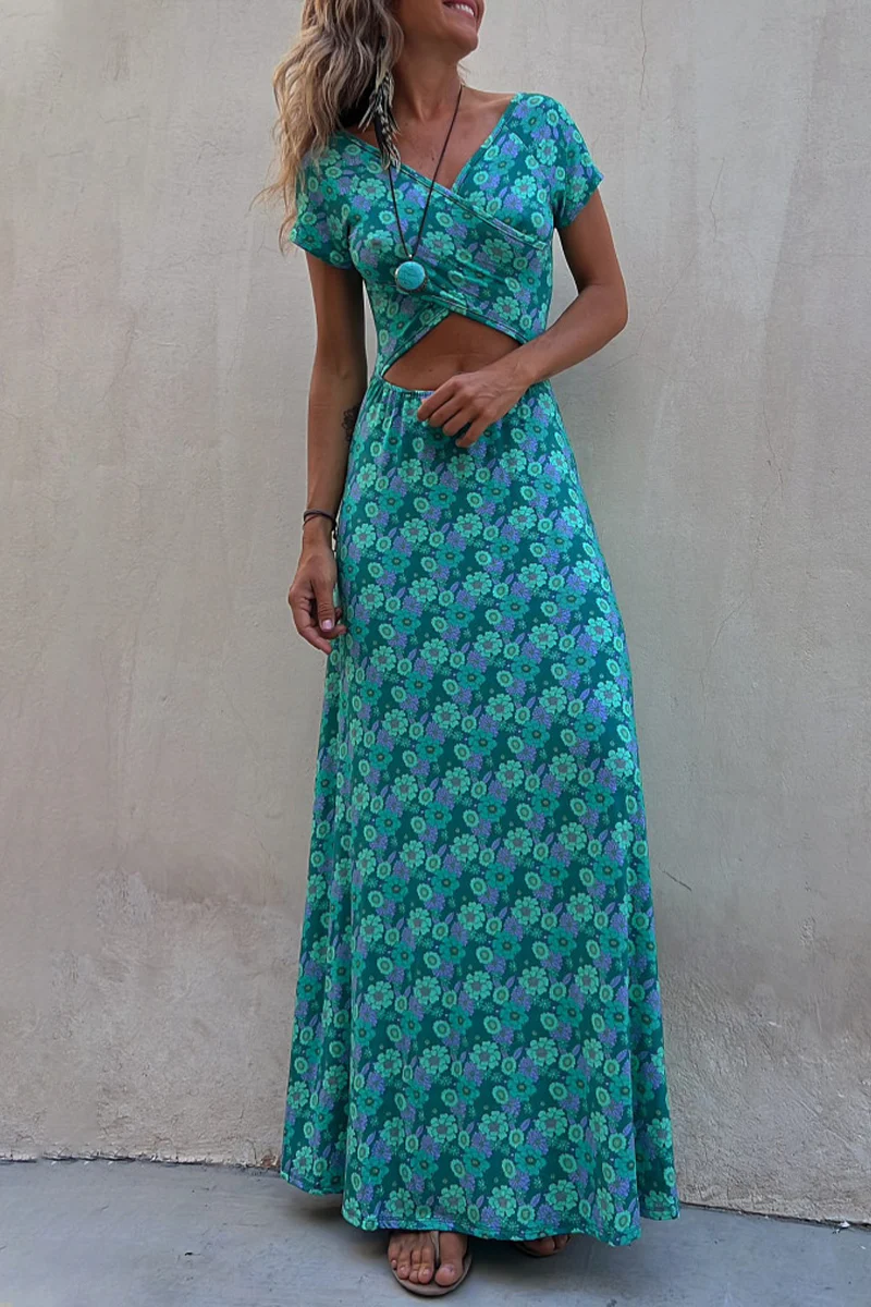 Casual Elegant Print Patchwork V Neck A Line Short Sleeve Dress - Kaedas