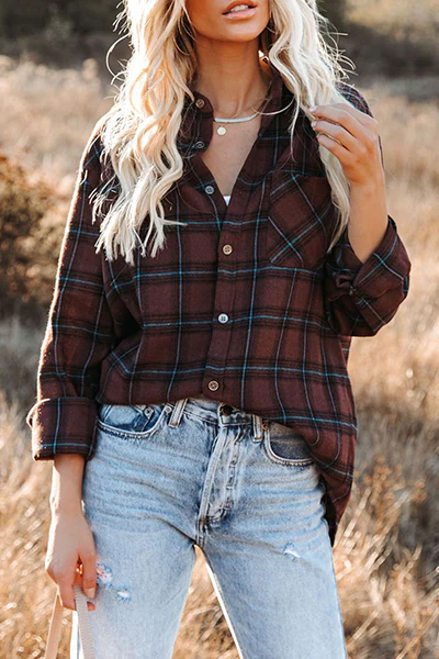 Casual Plaid Pocket Buckle Turndown Collar Tops - Kaedas