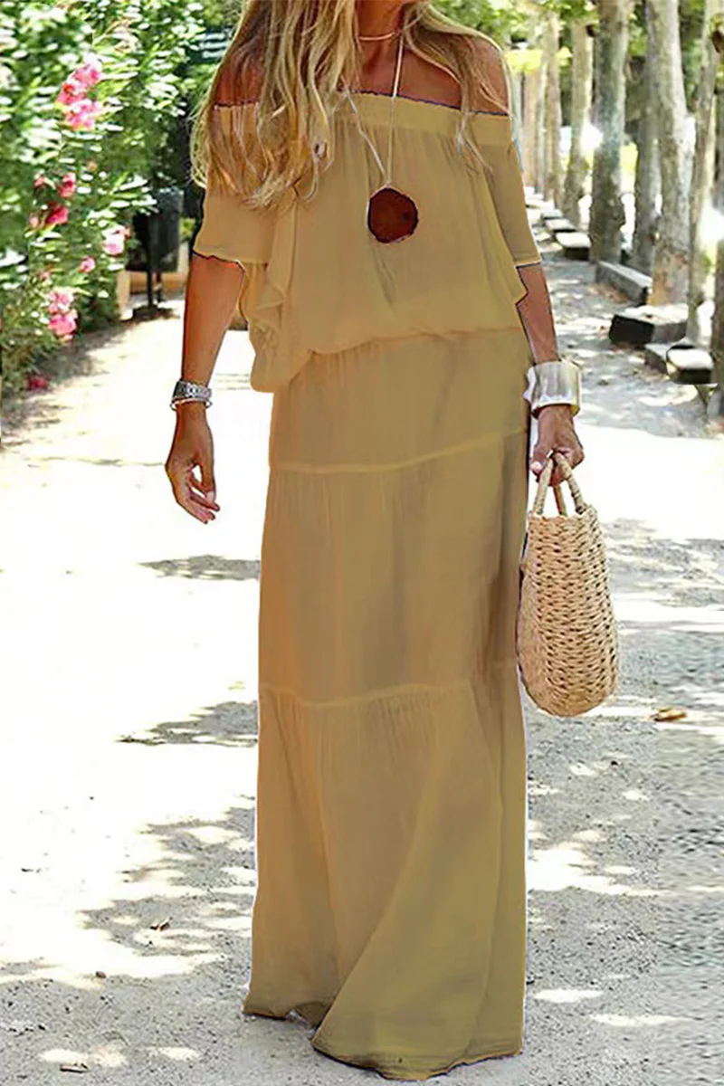 Casual Daily Solid Off the Shoulder Beach Dress Short Sleeve Dress(3 Colors) - Kaedas