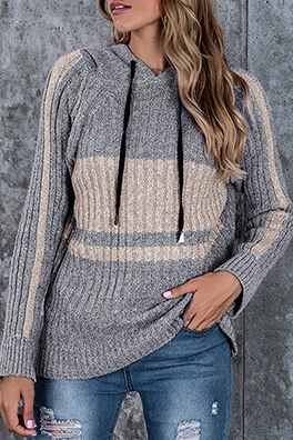 Casual Patchwork Draw String  Contrast Hooded Collar Tops - Kaedas