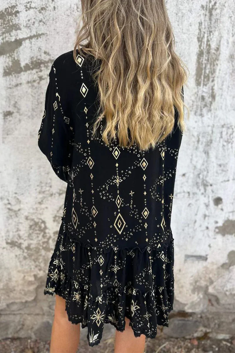 Casual Bronzing Pattern Patchwork Ruffle Contrast Button Collar A Line Dresses - Kaedas