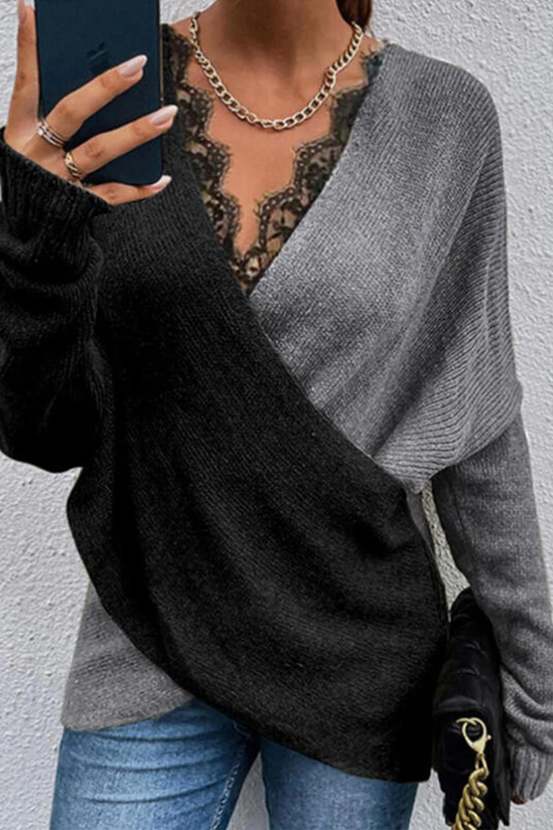 Casual Patchwork Lace Contrast V Neck Sweaters(3 Colors) - Kaedas