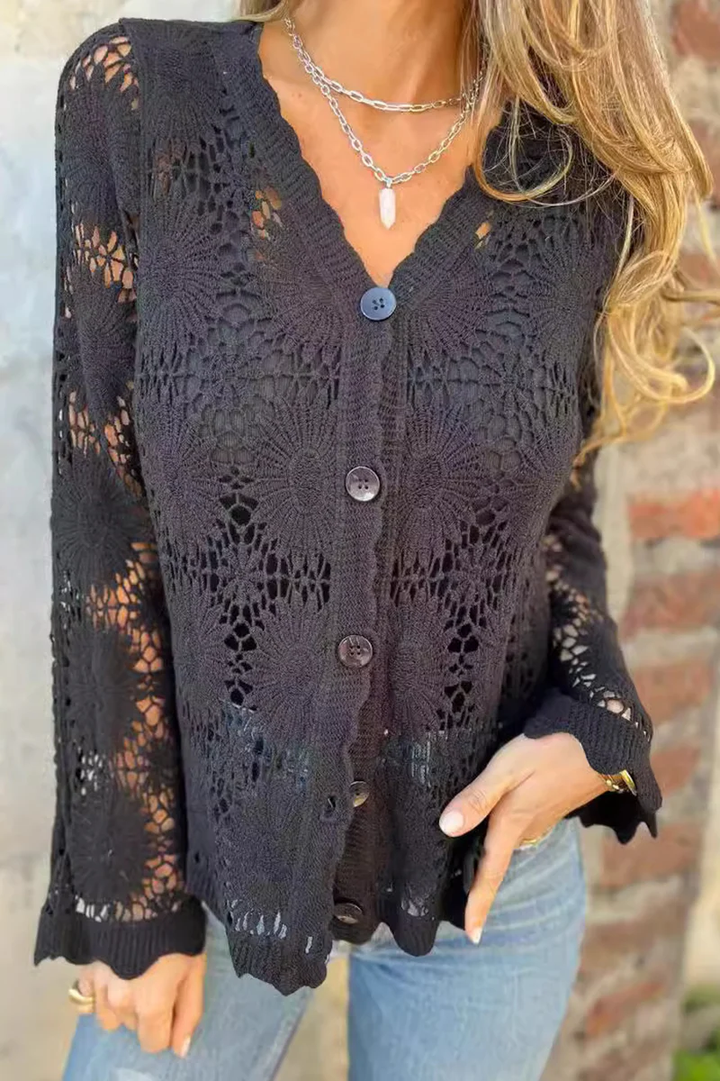 Casual Lace Hollow Out Buttons V Neck Blouses(3 Colors) - Kaedas