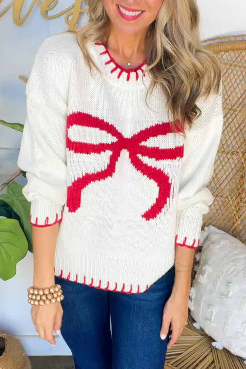 Casual Bow Weave Contrast O Neck Sweaters - Kaedas