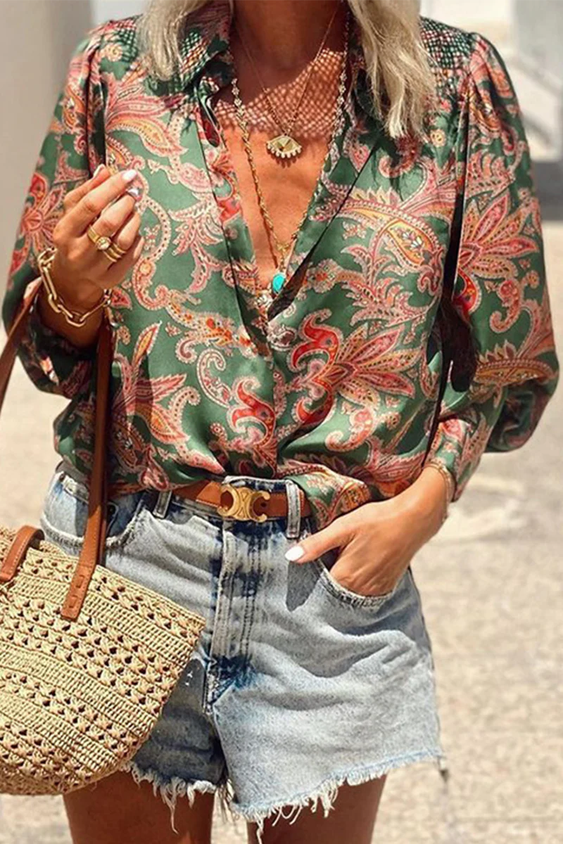 Casual Floral Print Contrast Turndown Collar Blouses - Kaedas