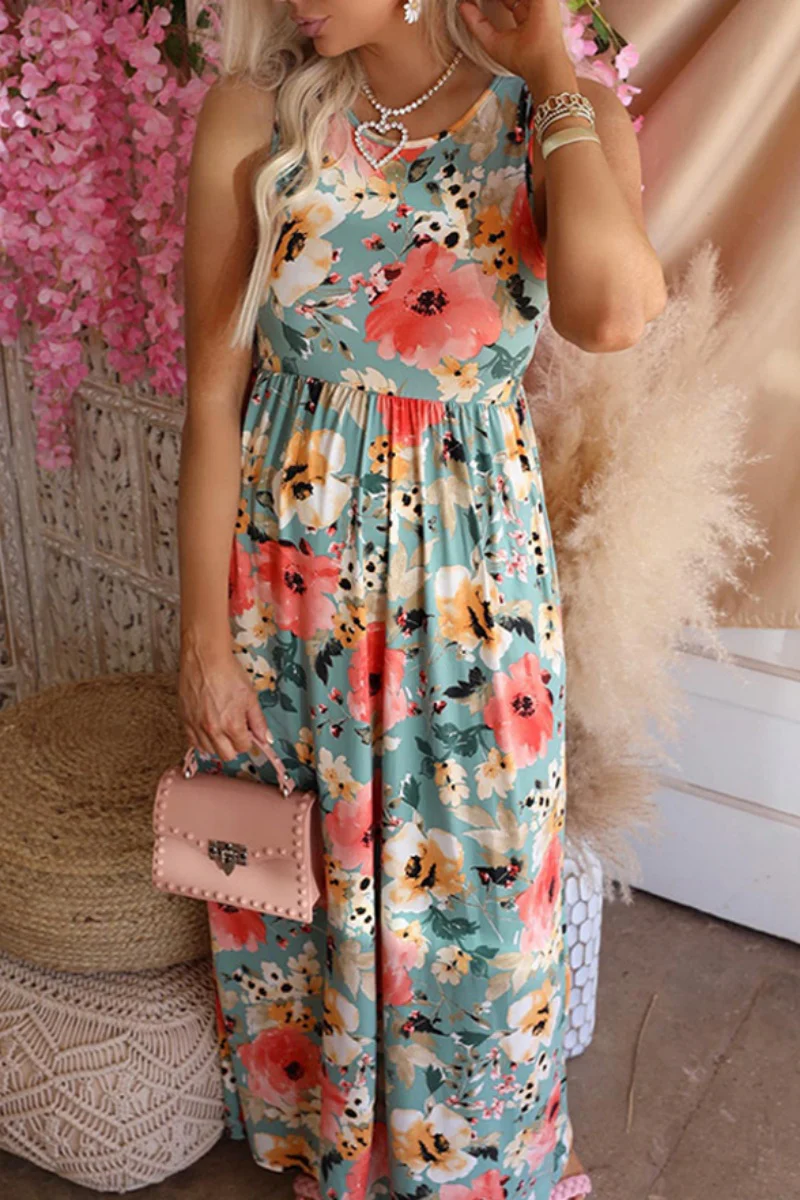 Casual Floral Print Basic O Neck Long Dresses - Kaedas