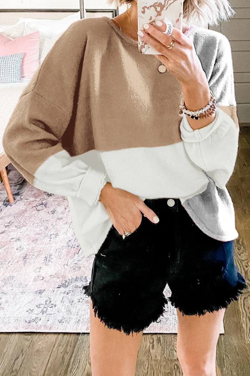 Casual Patchwork  Contrast O Neck Tops Sweater - Kaedas