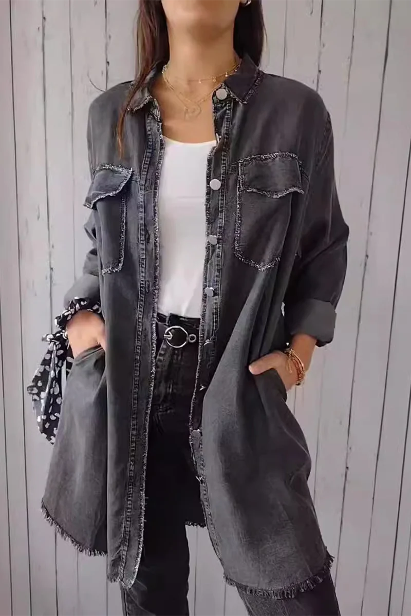 Casual Distressed Buttons Turndown Collar Blouses(4 Colors) - Kaedas