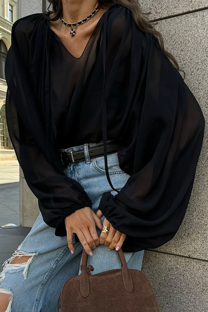 Casual Lace Up See-Through V Neck Blouses - Kaedas
