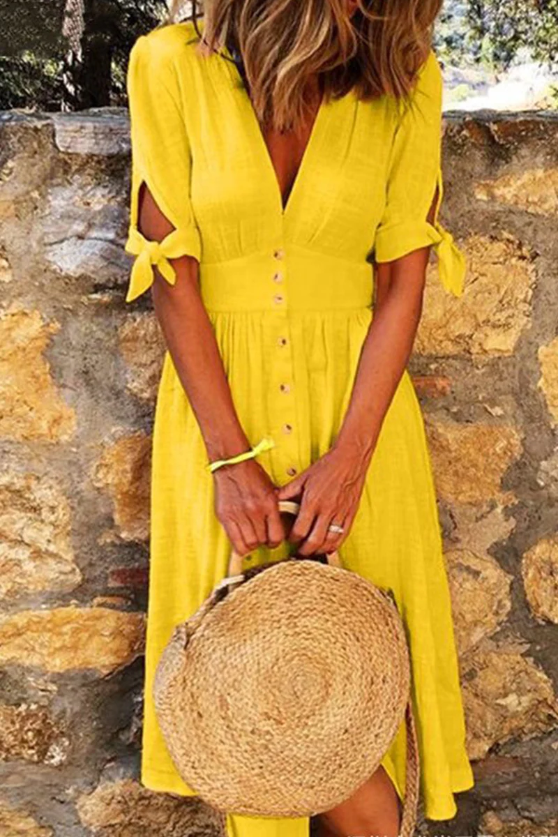 Casual Elegant Buckle Knotted V Neck Dresses(4 Colors) - Kaedas