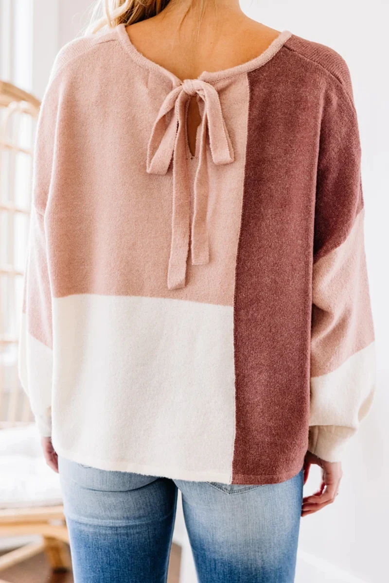 Casual Patchwork  Contrast O Neck Tops Sweater - Kaedas