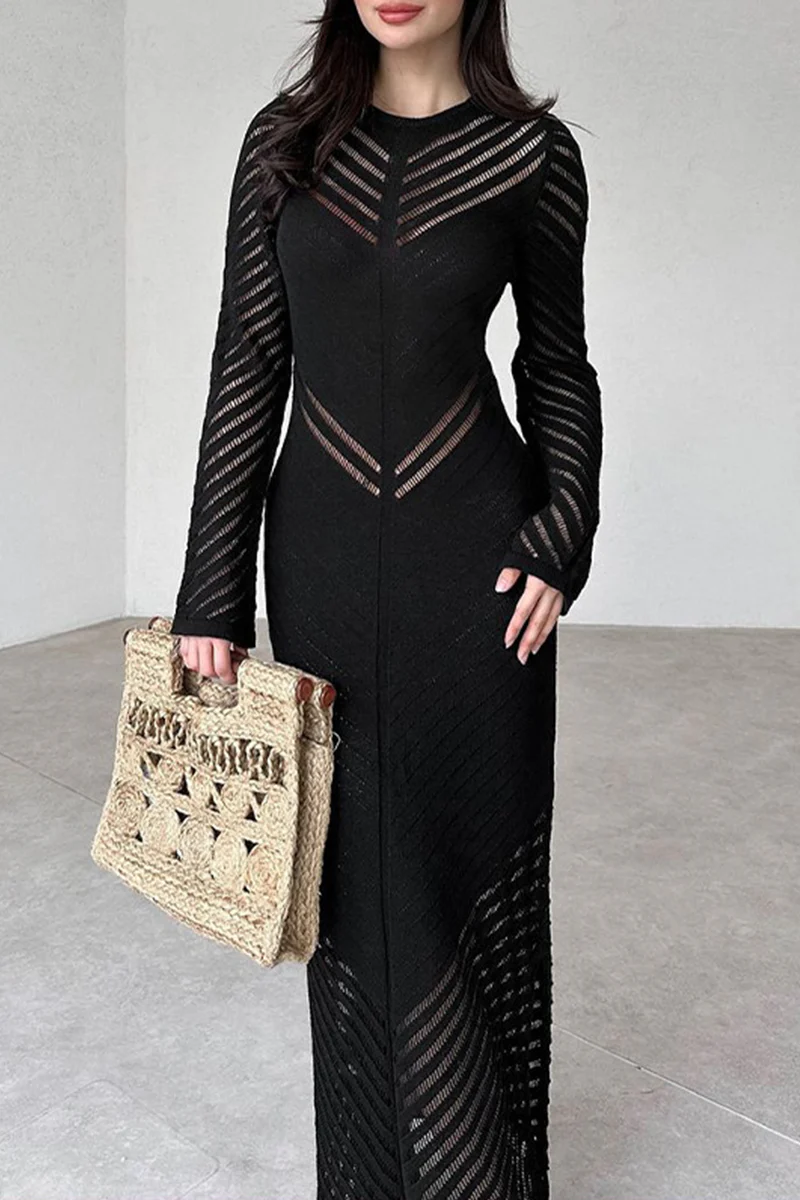 Casual Daily Solid Color Hollow Out Stringy Selvedge O Neck Wrapped Skirt Dresses - Kaedas