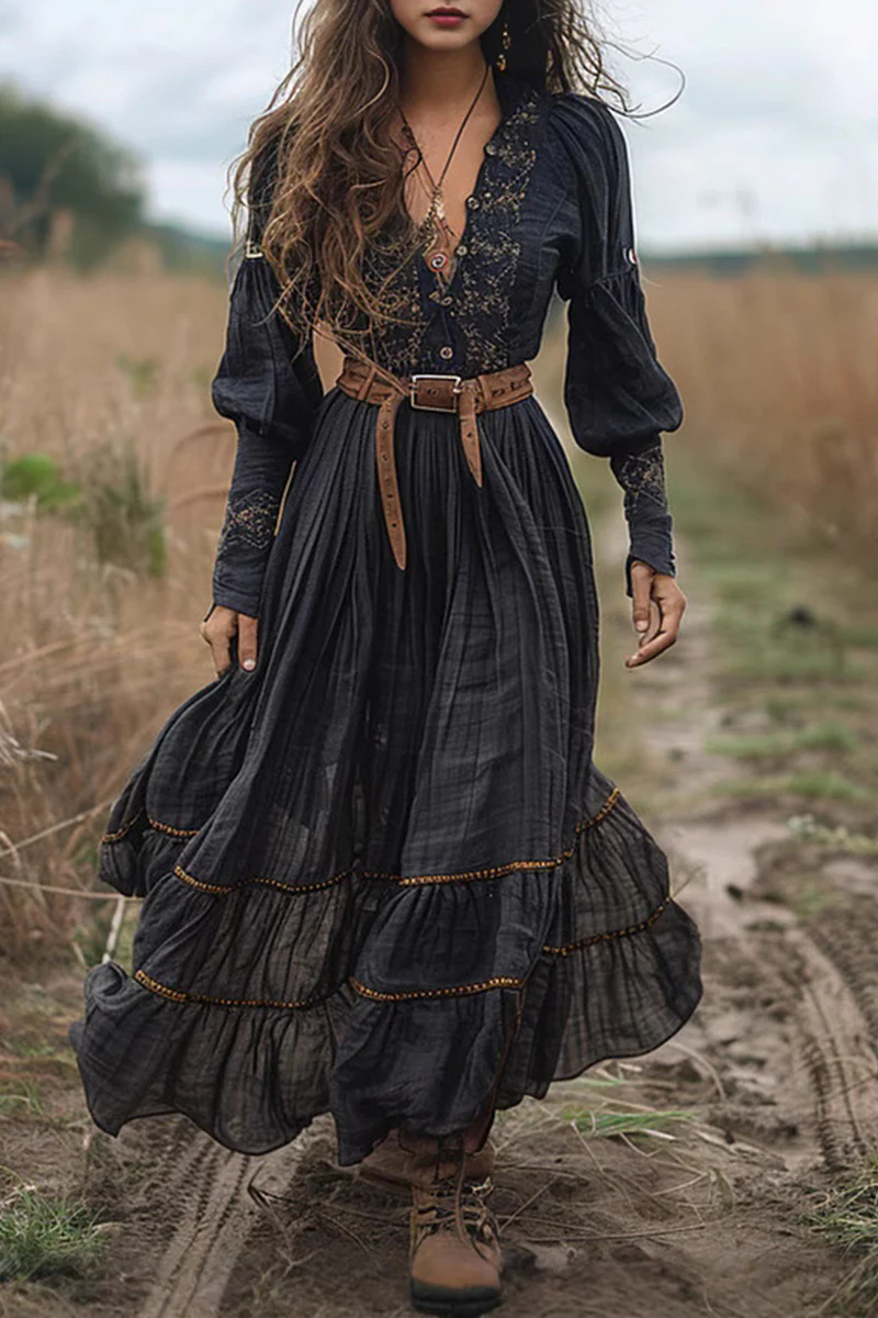 Casual Flowers Embroidered Distressed V Neck A Line Dresses(No waist belt) - Kaedas