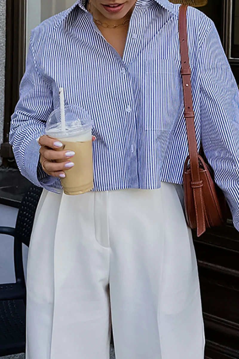 British Style Elegant Striped Patchwork Turndown Collar Tops - Kaedas