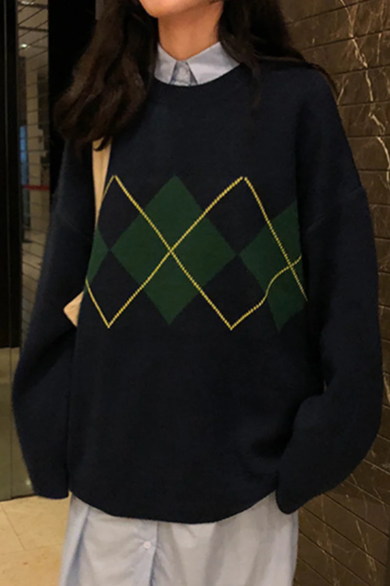 Casual Geometric Patchwork Contrast O Neck Tops Sweater(3 Colors) - Kaedas