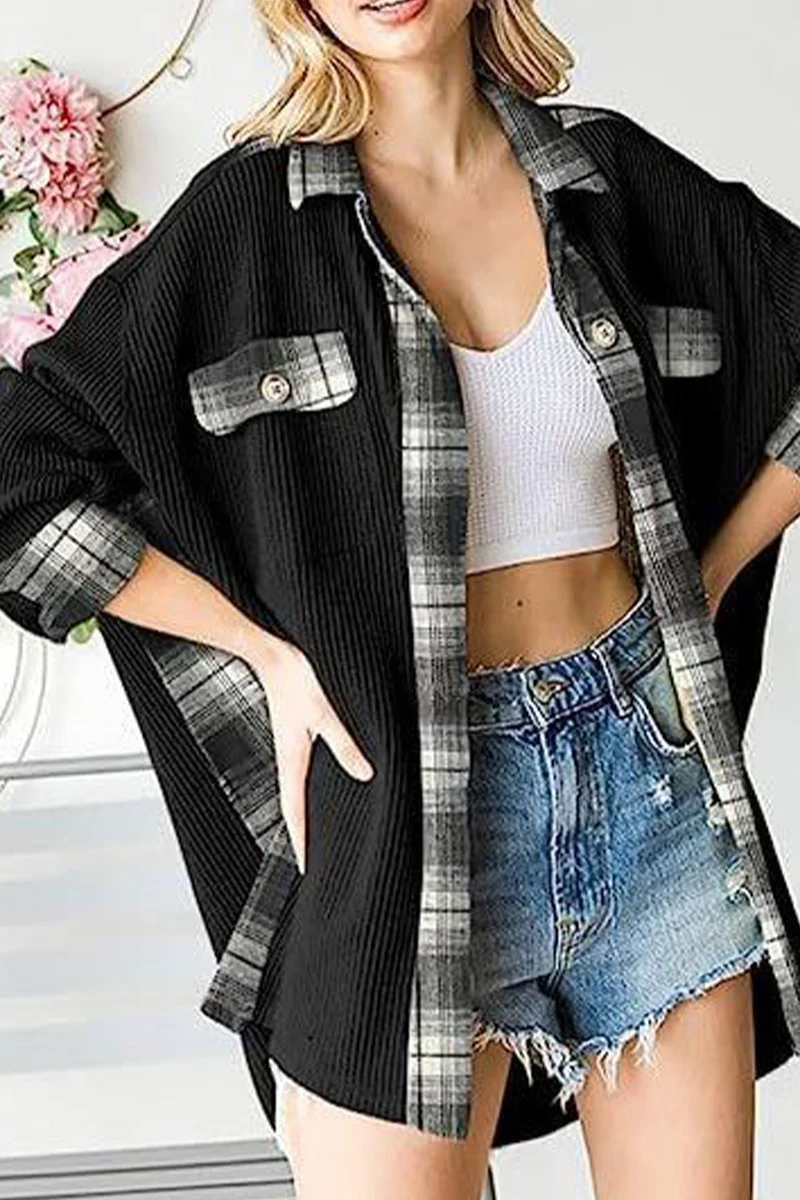 Casual Color Block Pocket Contrast Turndown Collar Tops - Kaedas