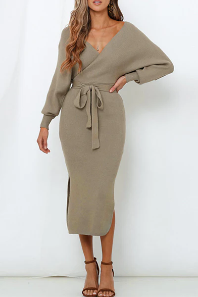 Casual Elegant Solid Backless Slit Strap Design V Neck Pencil Skirt Dresses - Kaedas