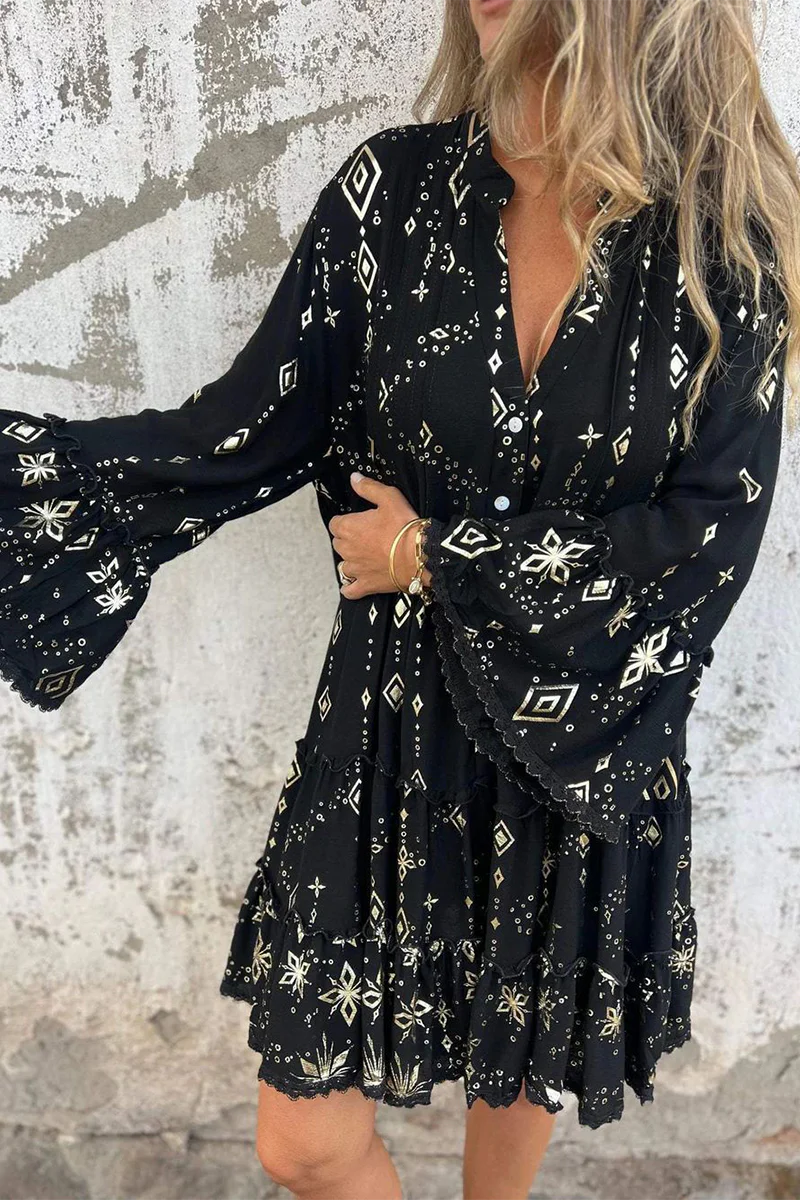 Casual Bronzing Pattern Patchwork Ruffle Contrast Button Collar A Line Dresses - Kaedas