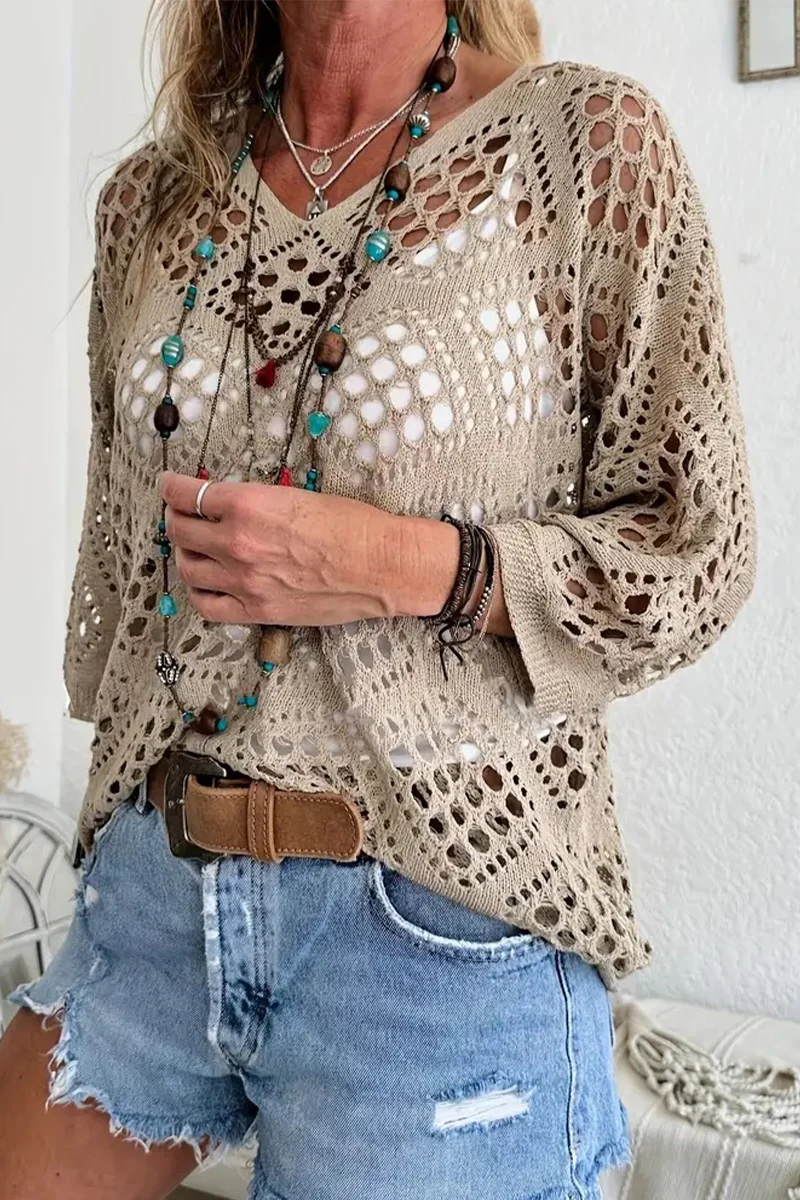 Casual Daily Solid Color Hollow Out V Neck Sweaters(5 Colors) - Kaedas