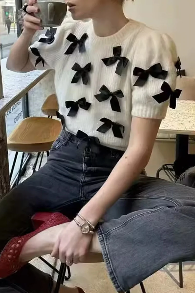 Casual Bow Patchwork Contrast O Neck Sweaters - Kaedas