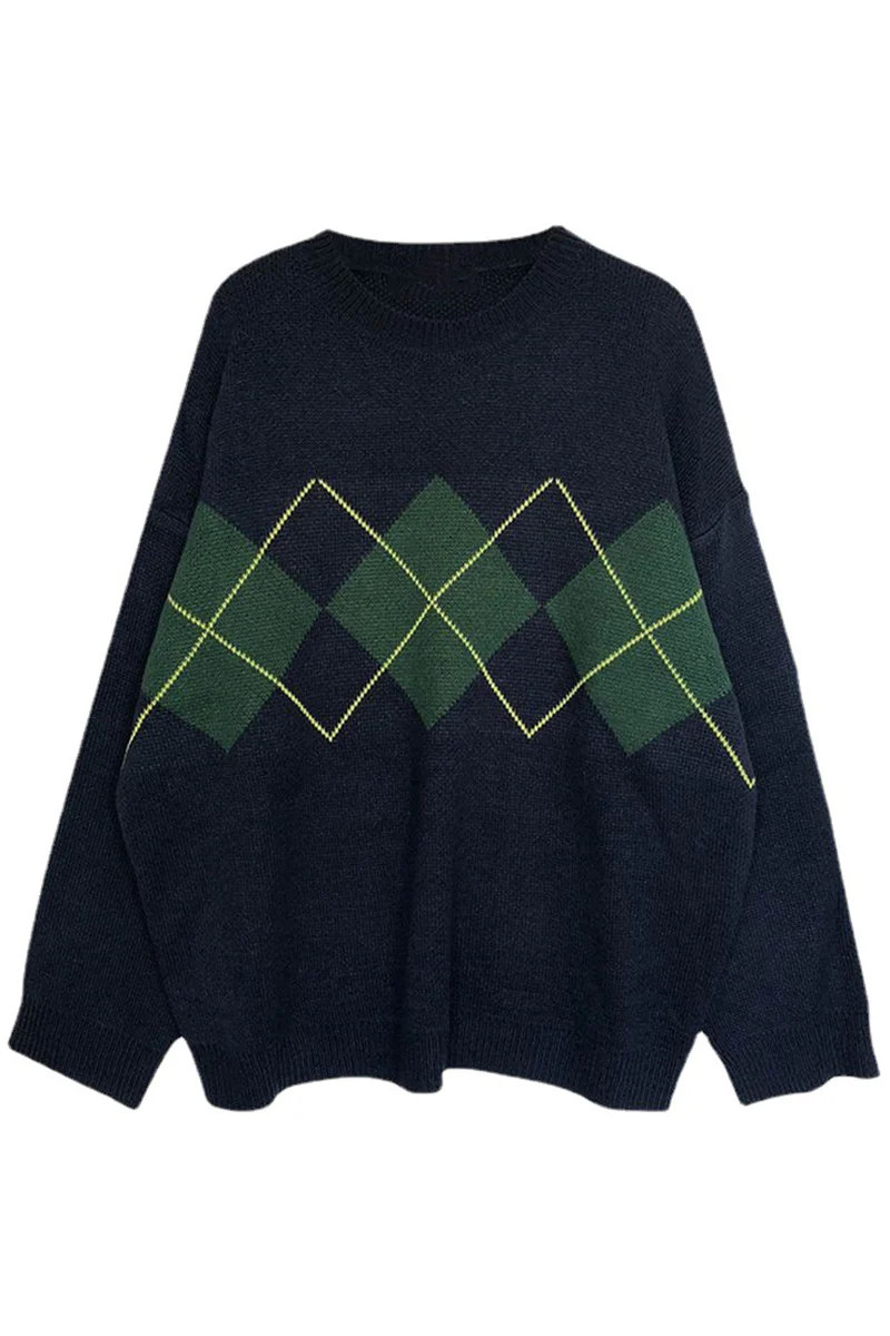 Casual Geometric Patchwork Contrast O Neck Tops Sweater(3 Colors) - Kaedas