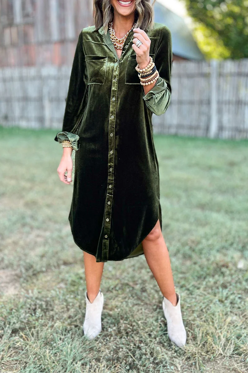 Casual Pocket Buckle Turndown Collar Shirt Dresses(3 Colors) - Kaedas