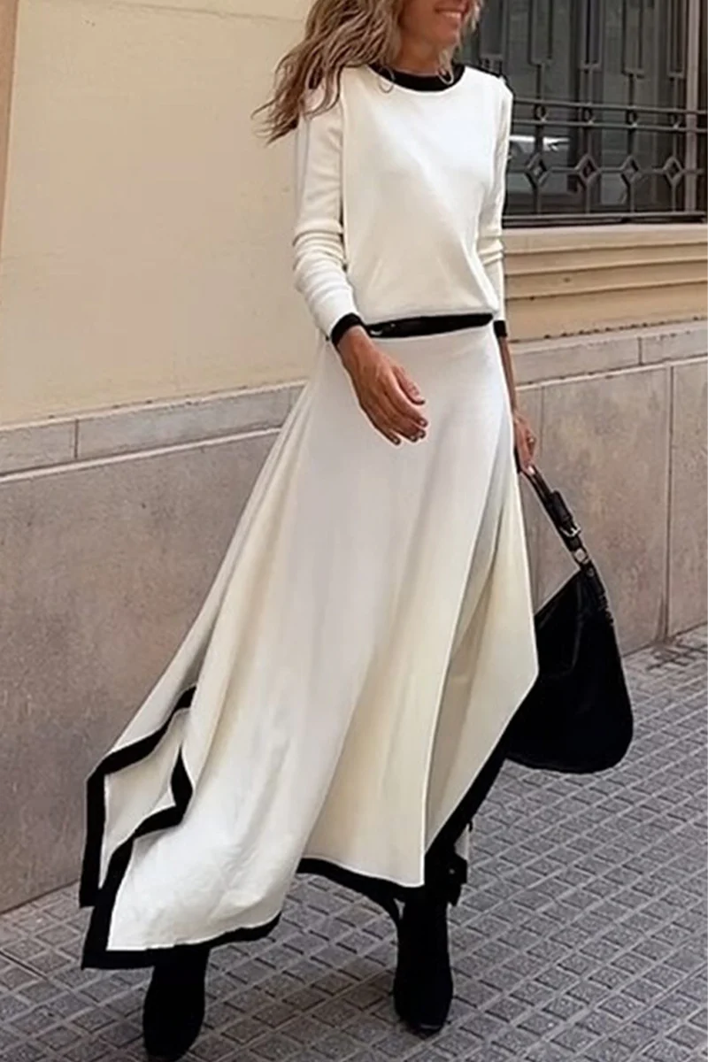 Casual Patchwork Irregular Contrast O Neck Long Sleeve Two Pieces(3 Colors) - Kaedas