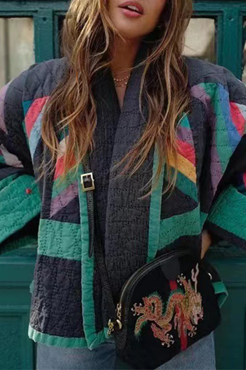 British Style Vintage Color Block Contrast Turndown Collar Outerwear - Kaedas