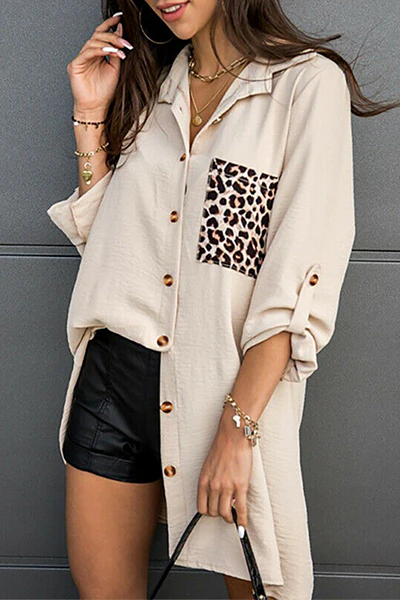 Casual Leopard Split Joint Buckle Turndown Collar Tops - Kaedas