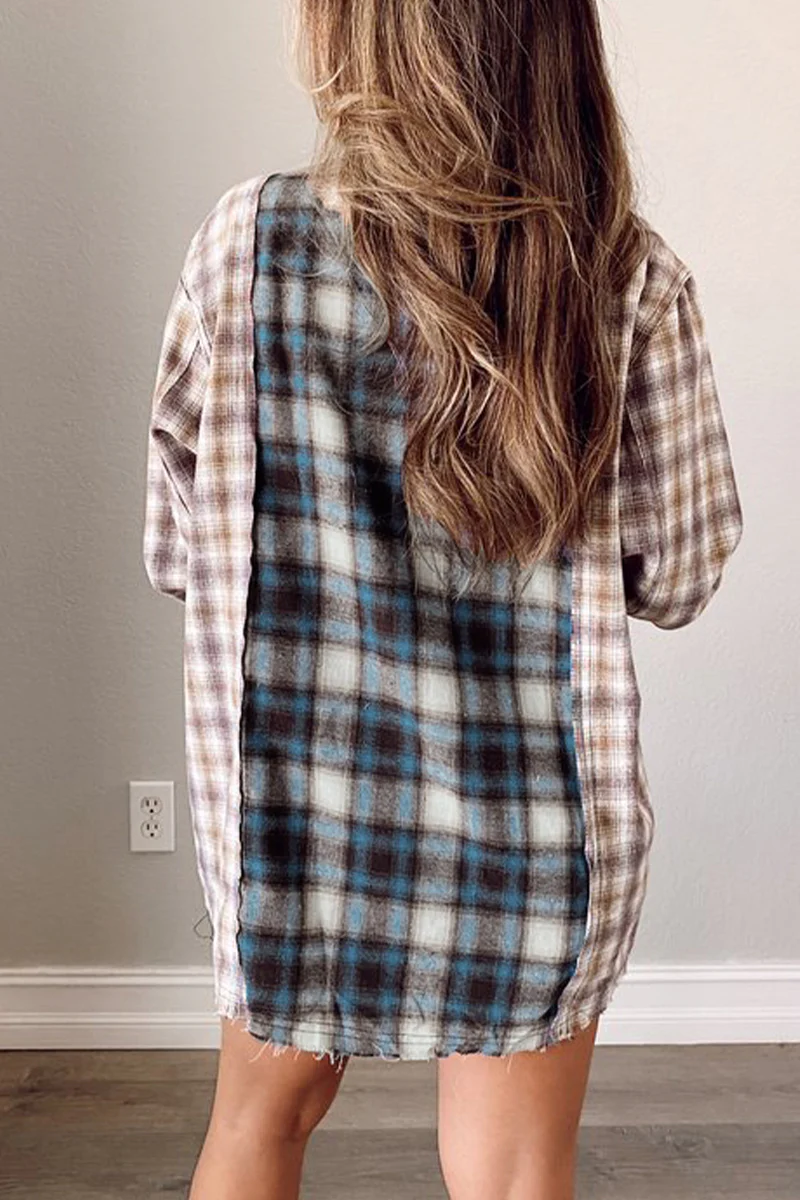 Casual Plaid Patchwork Turndown Collar Tops - Kaedas