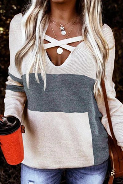 Casual Patchwork Hollowed Out Contrast V Neck Tops Sweater - Kaedas