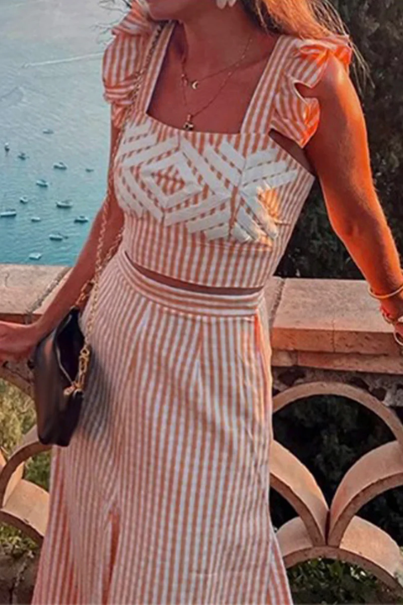 Casual Plaid Geometric Print Ruffle Patchwork Square Neck Two Pieces - Kaedas