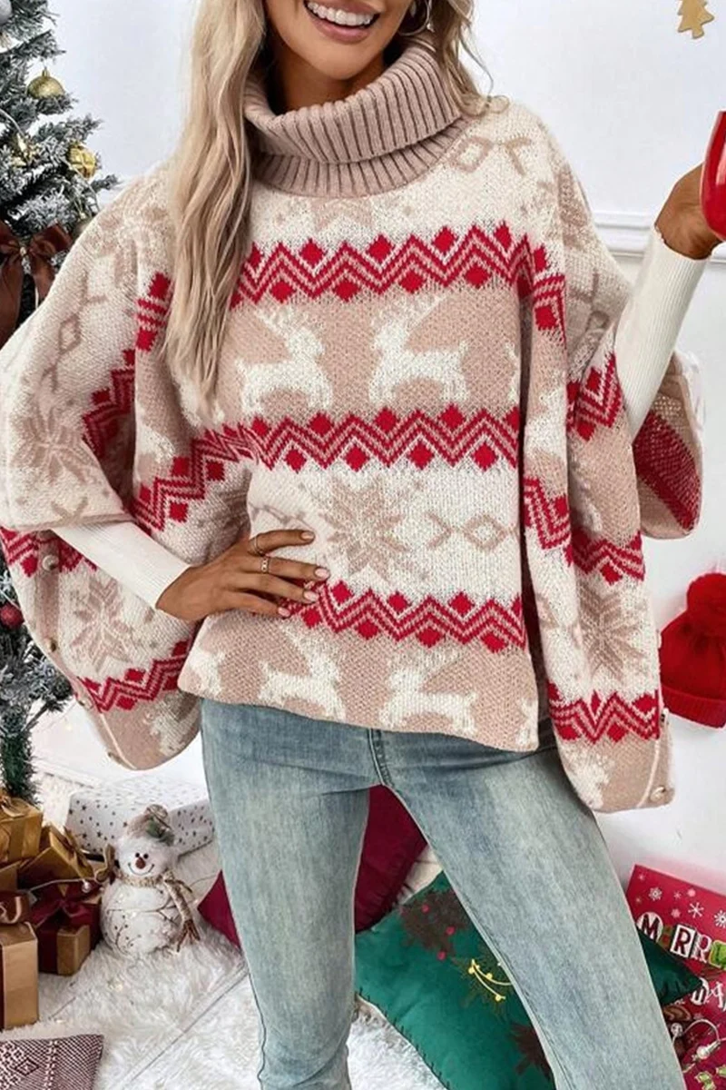 Casual Party Wapiti Snowflakes Weave Contrast Turtleneck Sweaters - Kaedas