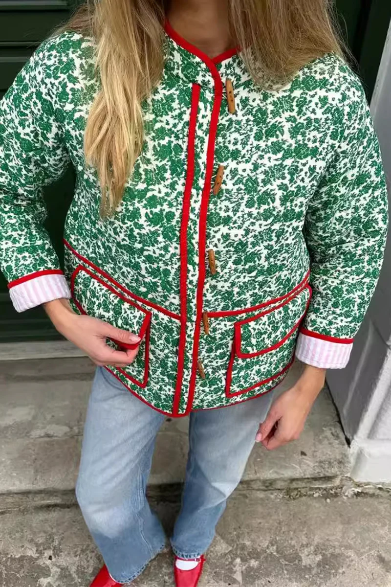 Casual Flowers Print Pocket Patchwork Contrast O Neck Outerwear - Kaedas