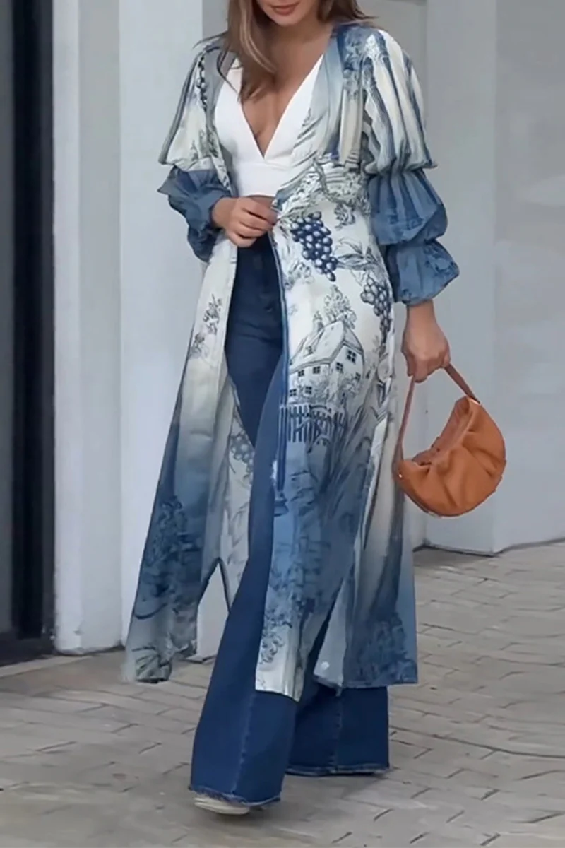 Casual Floral Slit Cardigan Collar Tops - Kaedas