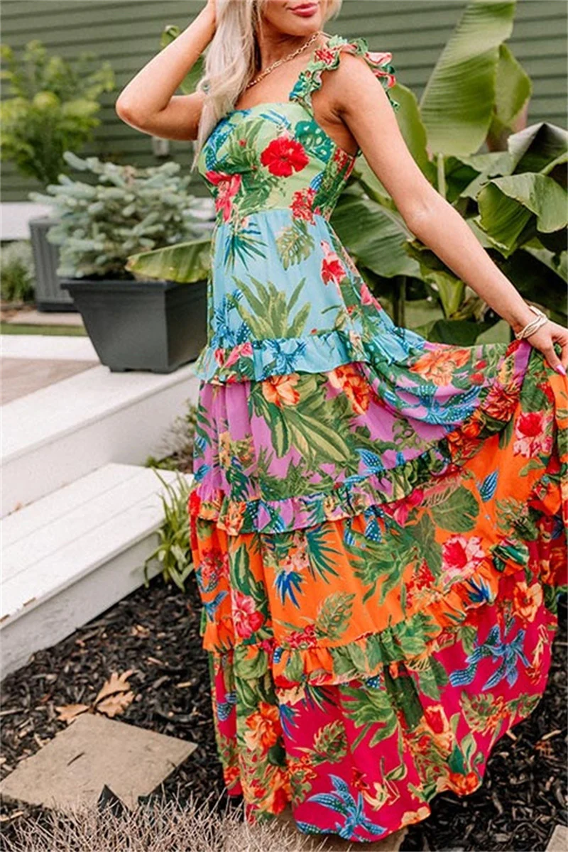 Casual Floral Print Patchwork Backless Square Neck Long Dresses - Kaedas