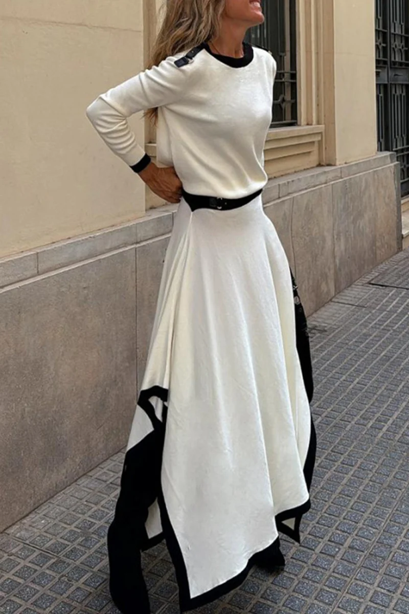 Casual Patchwork Irregular Contrast O Neck Long Sleeve Two Pieces(3 Colors) - Kaedas