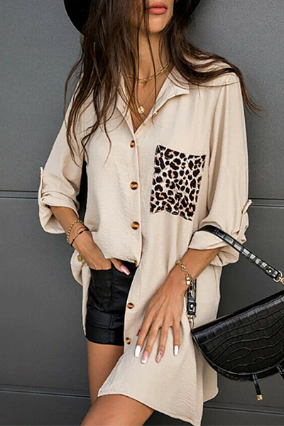 Casual Leopard Split Joint Buckle Turndown Collar Tops - Kaedas