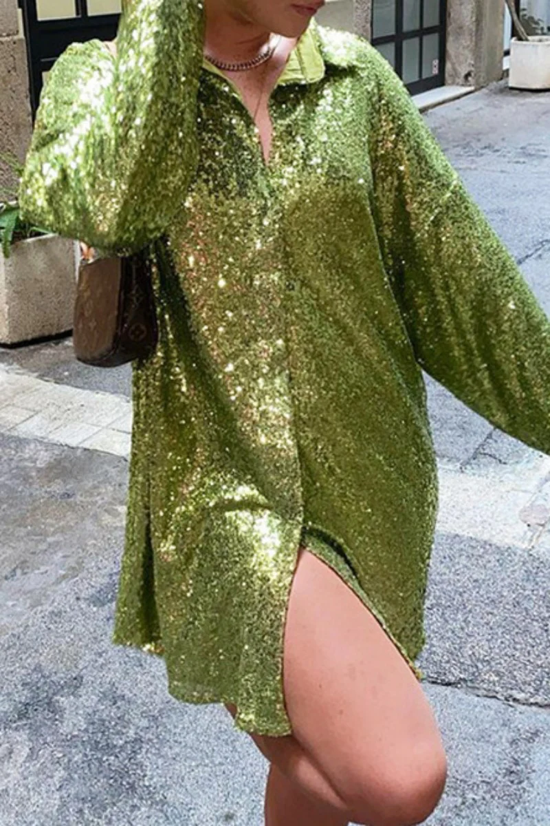 Casual Patchwork Sequins Shirt Collar Tops - Kaedas